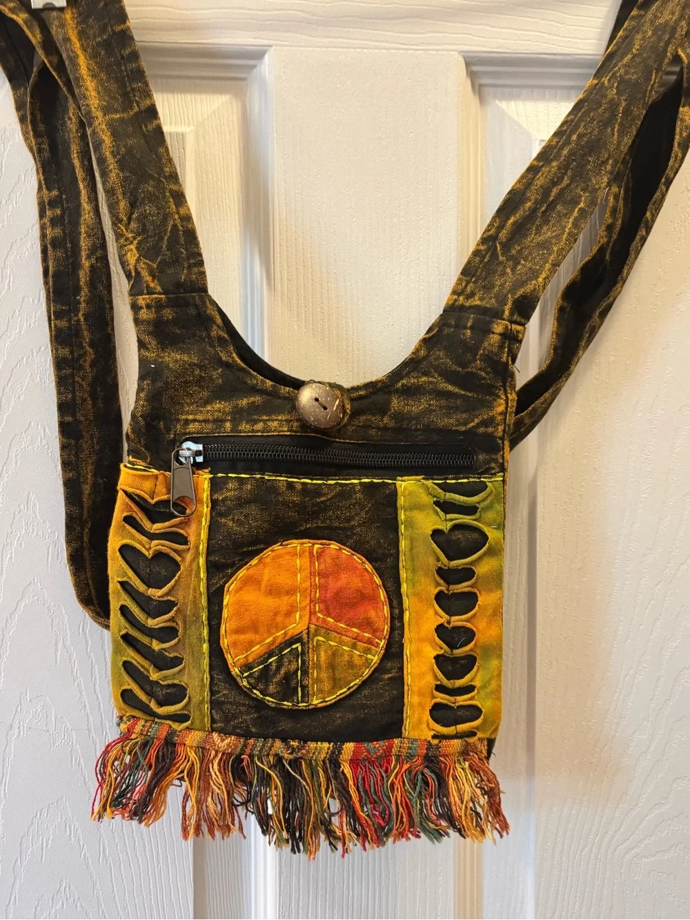 Royal Collection Peace Sign Fringe Crossbody Bag Boho Hippie Festival Cotton